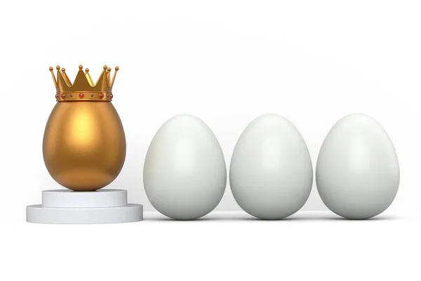 Beyaz Tavuk Yumurtaları Sırada Kraliyet Tacında Eşsiz Altın Yumurta Kürsüde — Stok fotoğraf