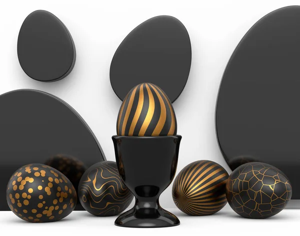 Kürsüde Altın Siyah Paskalya Yumurtası Beyaz Arka Planda Dağınık Yumurtalar — Stok fotoğraf