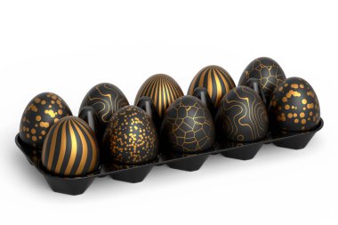 Sepet ya da tepside altın ve siyah Paskalya yumurtaları ve beyaz arka planda çikolata yumurtaları. Davetiye, kart, menü, broşür, afiş, poster, fiş için 3d Mutlu Paskalya zarif tasarım tasarımı