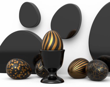 Golden and black Easter egg on podium and scattered eggs on white background. 3d render of Happy easter elegant design layout for invitation, card, menu, flyer, banner, poster, voucher. clipart