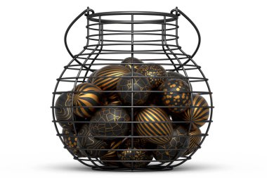 Sepet ya da tepside altın ve siyah Paskalya yumurtaları ve beyaz arka planda çikolata yumurtaları. Davetiye, kart, menü, broşür, afiş, poster, fiş için 3d Mutlu Paskalya zarif tasarım tasarımı