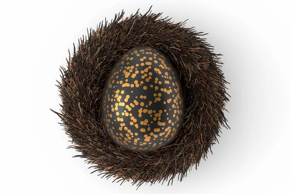 Kuş Yuvasındaki Altın Siyah Paskalya Yumurtası Beyaz Arka Planda Izole — Stok fotoğraf