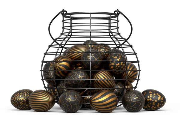 Sepet Tepside Altın Siyah Paskalya Yumurtaları Beyaz Arka Planda Çikolata — Stok fotoğraf