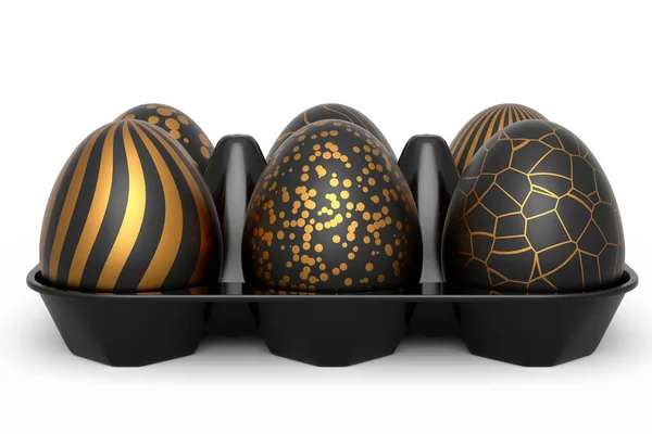 Golden and black Easter eggs in basket or tray and chocolate eggs on white background. 3d render of Happy easter elegant design layout for invitation, card, menu, flyer, banner, poster, voucher