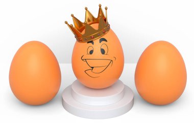 Çiftlik kahverengi tavuk yumurtaları ve üzerinde ifadeler, komik yüz ve beyaz arka planda altın taç olan eşsiz bir yumurta grubu. Kutlama ve davetiye kartları için 3D Paskalya yumurtası tasarımı