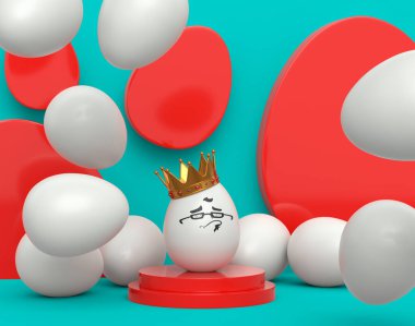 Kürsüde altın kaplamalı eşsiz beyaz yumurta ve yeşil arka planda siyah yumurtalar. Kutlama ve davetiye kartları için 3D paskalya yumurtası tasarımı