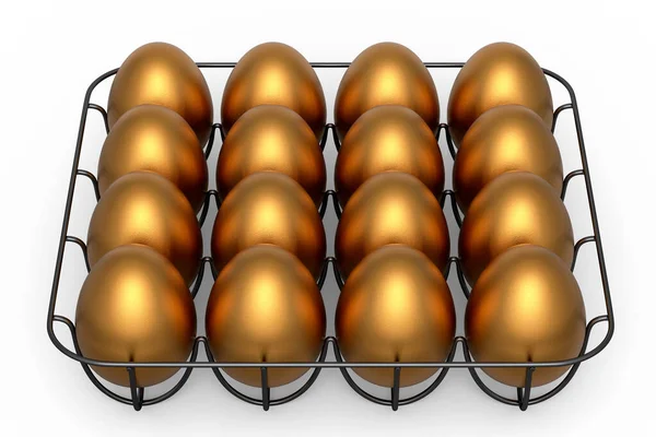 Luxury gold eggs standing in metal tray or paper cardboard isolated on white background. 3d render of Easter concept or chicken eggs for omelet or scrambled fried egg for morning breakfast