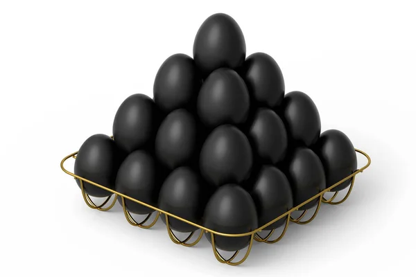 金属トレイや白地に隔離された紙の段ボールにピラミッドに立つ豪華な黒い卵 朝の朝食のためのオムレツやスクランブルエッグのためのイースターの概念や鶏の卵の3Dレンダリング — ストック写真