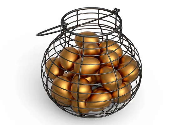 Luxury Gold Eggs Metal Basket Paper Cardboard Isolated White Background — Stock Photo, Image