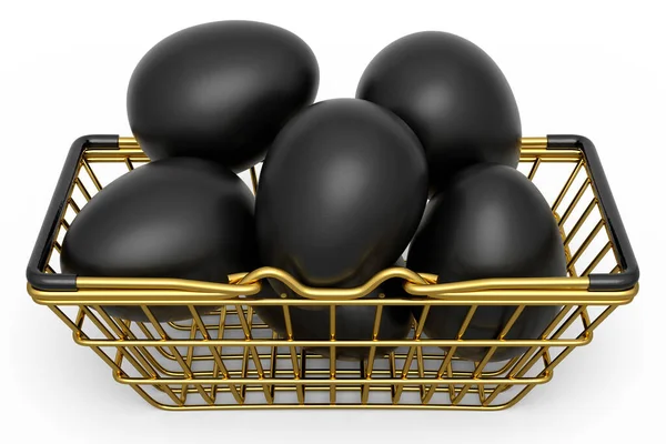 在白色背景上隔离的金属篮子或纸板箱中豪华的黑色鸡蛋 复活节概念的3D渲染或鸡蛋煎蛋卷或炒蛋早餐 — 图库照片