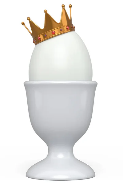 农场白蛋与金王冠在陶瓷蛋杯的白色背景早餐 新鲜鸡蛋或早餐的3D渲染以及奢侈 财富和皇权的概念 — 图库照片