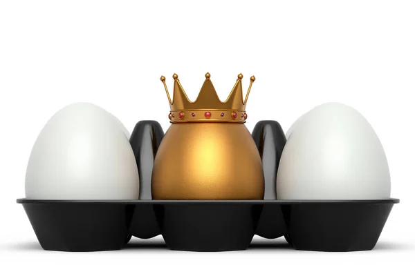 Unikalne Złote Jajko Koronie Królewskiej Stojące Plastikowej Tacy Białymi Jajkami — Zdjęcie stockowe