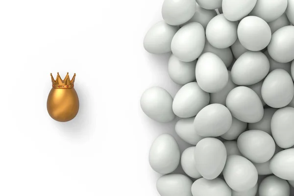 白い背景に王室の王冠の農場の白い鶏の卵とユニークな金の卵のヒープ イースターの概念の3Dレンダリングやブラックフライデー 富と帝国の力 — ストック写真