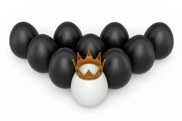 农业黑鸡蛋和独特的白色蛋在金王冠白色背景 复活节概念或黑色星期五的3D渲染 财富和皇权 — 图库照片