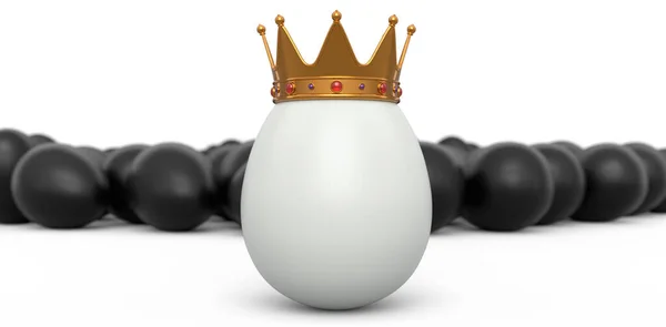 成群的农场黑鸡蛋和独特的白色蛋在金王冠白色背景 复活节概念或黑色星期五的3D渲染 财富和皇权 — 图库照片