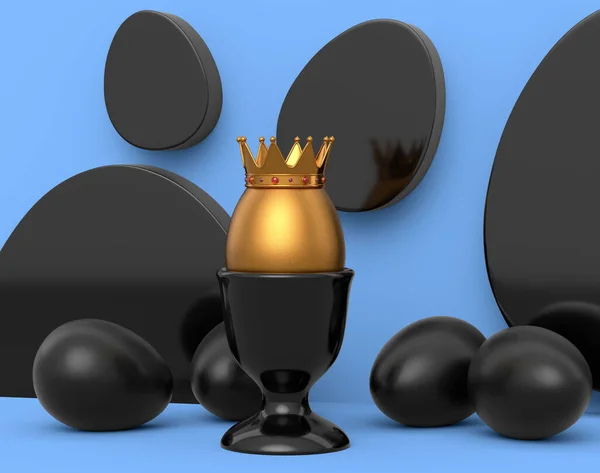 Unique gold egg in royal king crown in ceramic eggcup and scattered black eggs on blue background. 3d render of Easter concept or Black Friday, luxury, wealth and imperial power