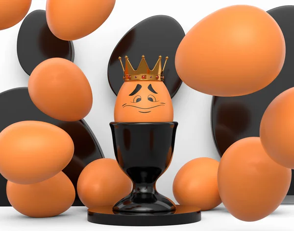皇家金冠中独特的褐色蛋 镶嵌在陶瓷蛋杯中 脸上有滑稽的表情 白色背景上散落着鸡蛋 三维渲染复活节彩蛋模板设计 用于贺卡和邀请卡 — 图库照片