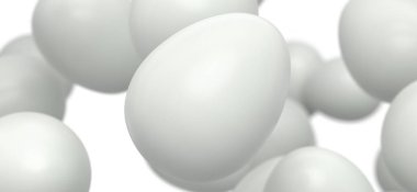 Beyaz arka planda uçan organik beyaz tavuk yumurtaları grubu. Kutlama ve davetiye kartları için 3D paskalya yumurtası tasarımı