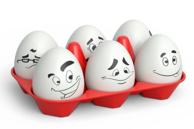 İfadeleri ve plastik tepside komik yüzü olan çiftlik beyazı yumurta ya da beyaz arka planda kağıt karton. Paskalya yumurtalarının 3D sunucusu, kutlama ve davetiye kartları için duygu şablonu tasarlar