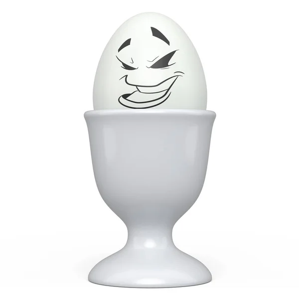 白い背景に朝食のための陶器の卵カップの表情と面白い顔を持つファームホワイト塗装卵 感情を持つグリーティングと招待状のためのイースターエッグテンプレートデザインの3Dレンダリング — ストック写真