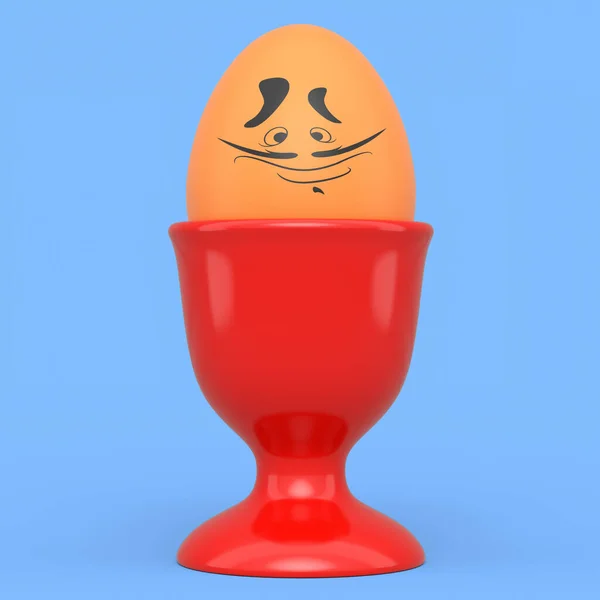 农场的褐色彩绘鸡蛋在陶瓷蛋杯中的表情和滑稽的脸在蓝色背景的早餐 三维渲染复活节彩蛋模板设计 用于情感贺卡和邀请卡 — 图库照片