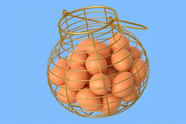 Sepette çiğ organik kahverengi yumurta ya da mavi arka planda kağıt karton. Omlet için 3 boyutlu taze tavuk yumurtası ya da sabah kahvaltısı için çırpılmış yumurta.