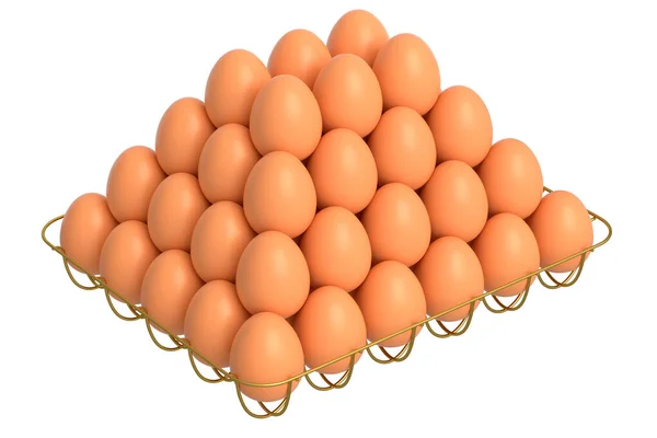 白い背景に金属トレイや紙の段ボールで生の有機茶色の卵をファーム 朝の朝食のためのオムレツやスクランブルエッグのための新鮮な鶏の卵の3Dレンダリング — ストック写真