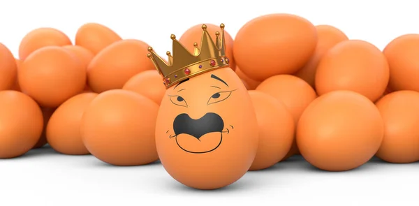 一群农场褐色的鸡蛋和独特的鸡蛋 表情和滑稽的脸和金色的皇冠在它的白色背景 三维渲染复活节彩蛋模板设计 用于贺卡和邀请卡 — 图库照片
