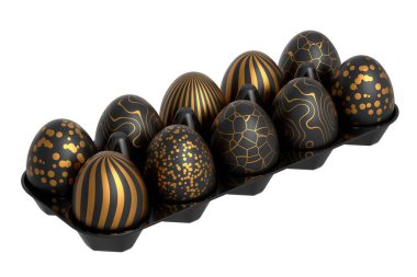 Sepet ya da tepside altın ve siyah Paskalya yumurtaları ve beyaz arka planda çikolata yumurtaları. Davetiye, kart, menü, broşür, afiş, poster, fiş için 3d Mutlu Paskalya zarif tasarım tasarımı