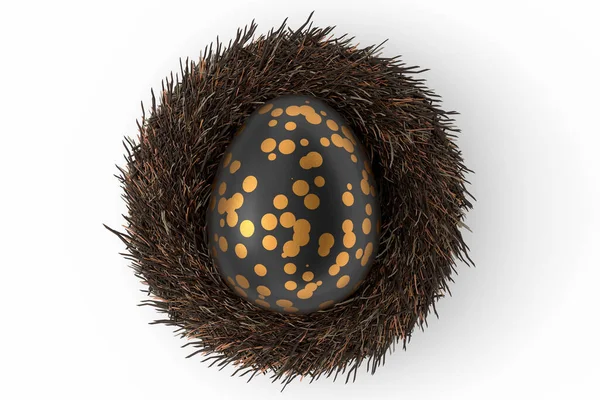 Kuş Yuvasındaki Altın Siyah Paskalya Yumurtası Beyaz Arka Planda Izole — Stok fotoğraf
