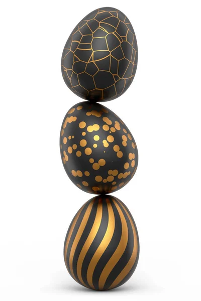 Hromada Zlatých Černých Velikonočních Vajec Čokoládových Vajec Bílém Pozadí Vykreslení — Stock fotografie