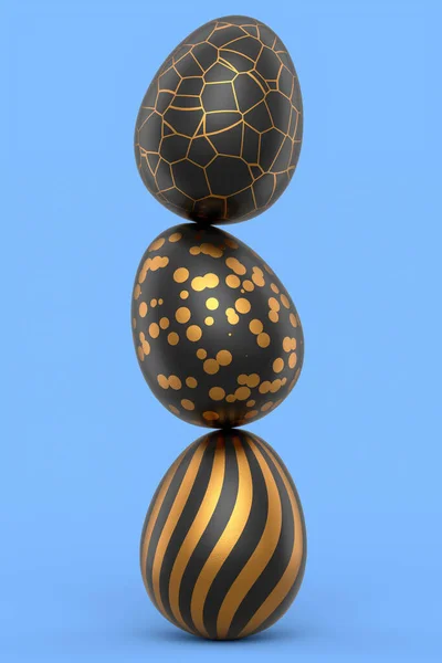 Hromada Zlatých Černých Velikonočních Vajec Čokoládových Vajec Modrém Pozadí Vykreslení — Stock fotografie