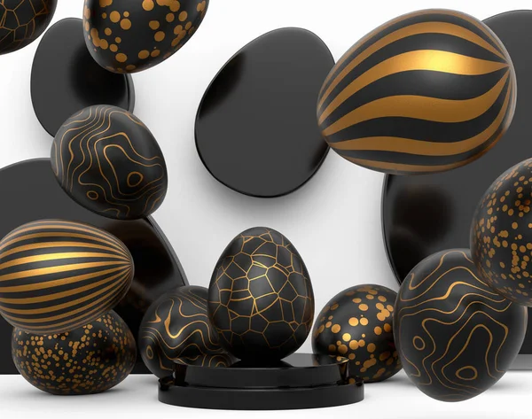 Kürsüde Altın Siyah Paskalya Yumurtası Beyaz Arka Planda Dağınık Yumurtalar — Stok fotoğraf