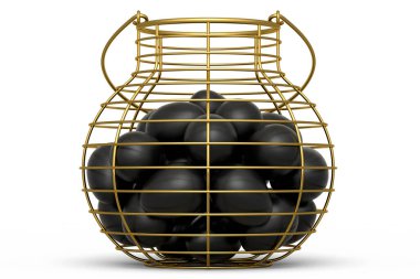 Metal sepetteki lüks siyah yumurtalar ya da beyaz arka planda izole edilmiş kağıt karton. 3 boyutlu paskalya konsepti omlet için tavuk yumurtası ya da sabah kahvaltısı için çırpılmış yumurta.