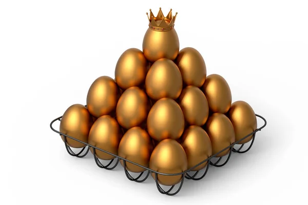 Luxusgoldene Eier Stehen Einer Pyramide Metalltablett Oder Pappkarton Isoliert Auf — Stockfoto