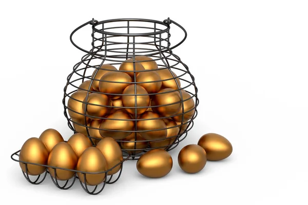 Metal Sepetteki Lüks Altın Yumurtalar Beyaz Arka Planda Izole Edilmiş — Stok fotoğraf