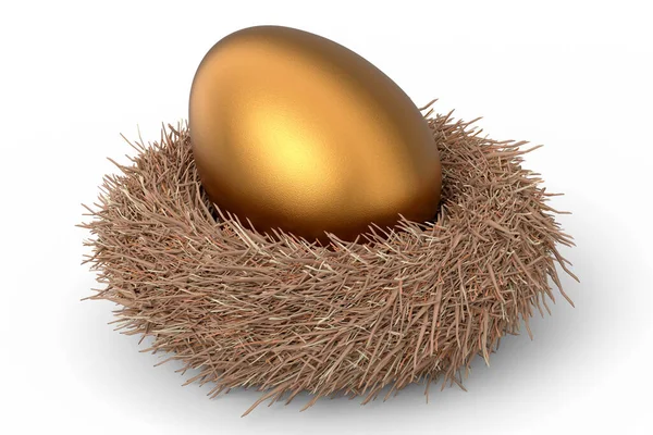 Kuş Yuvasındaki Altın Çiftlik Yumurtası Beyaz Arka Planda Izole Edilmiş — Stok fotoğraf