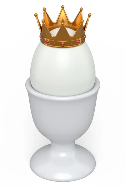 ピンクの背景に朝食のためのセラミック卵カップに金の王室の王冠とファームの白い卵 新鮮な鶏の卵や朝の朝食の3Dレンダリングと贅沢の概念 富と帝国の力 — ストック写真