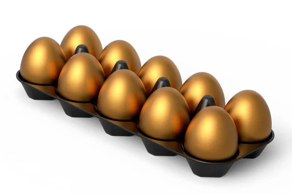 Luxe Gouden Eieren Plastic Dienblad Papier Karton Geïsoleerd Witte Achtergrond — Stockfoto