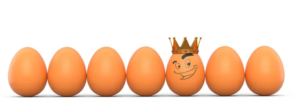 一排排的农场白鸡蛋和独特的鸡蛋 有着滑稽的脸和金色的皇冠白色背景 复活节概念或黑色星期五的3D渲染 财富和皇权 — 图库照片
