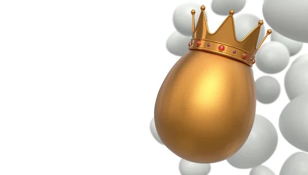 白い背景に王室の王冠の農場の白い鶏の卵とユニークな金の卵の飛行 イースターの概念の3Dレンダリングやブラックフライデー 富と帝国の力 — ストック写真