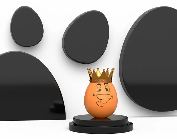 Unique brown chicken egg with funny face and gold crown on podium and white background. 3d render of Easter eggs template design for greeting and invitation cards