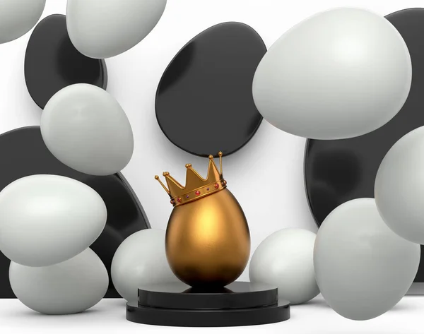 Μοναδικό Χρυσό Αυγό Βασιλικό Χρυσό Στέμμα Στο Βάθρο Και Διάσπαρτα — Φωτογραφία Αρχείου