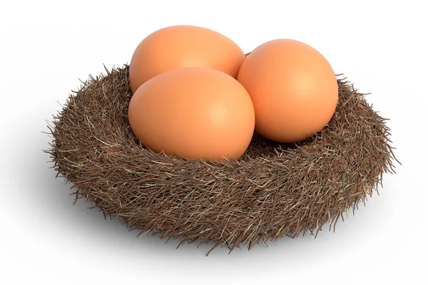 白い背景に隔離された農場生の有機茶色の卵鳥の巣 朝の朝食のためのオムレツやスクランブルエッグのための新鮮な鶏の卵の3Dレンダリング — ストック写真