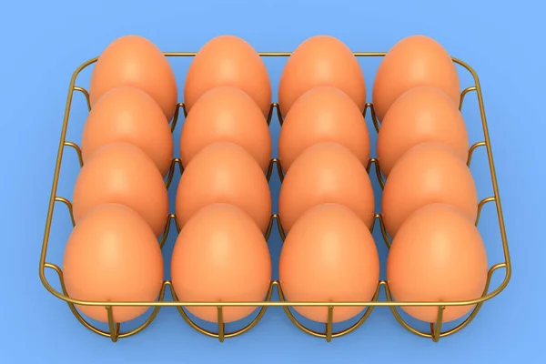 Фермерские Сырые Органические Коричневые Яйца Металлическом Лотке Бумажном Картоне Синем — стоковое фото