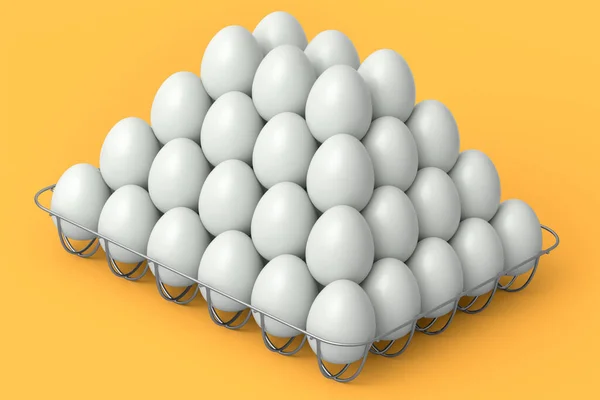 黄色の背景に金属トレイや紙の段ボールに生の有機白砂糖コーティング卵をファーム 朝の朝食のためのオムレツやスクランブルエッグのための新鮮な鶏の卵の3Dレンダリング — ストック写真