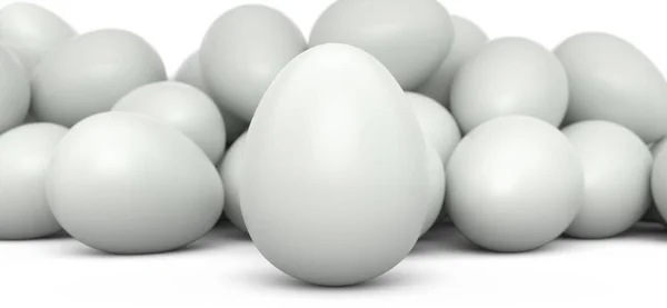 白を背景に群衆の中に農場生の有機白鶏の卵のグループ 挨拶や招待状のためのイースターエッグテンプレートデザインの3Dレンダリング — ストック写真