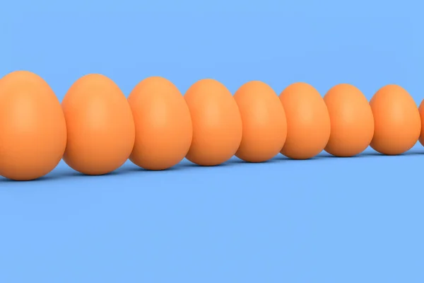 グループファーム生の有機茶色の鶏の卵が並んで立っているか 青い背景にキュー 社会的距離や移動の3Dレンダリングと概念を並んで — ストック写真