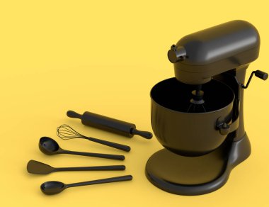 Monokrom arka planda hamur hazırlamak için mutfak gereçleriyle karıştırıcı. Aşçılık, harmanlama ve karıştırma için 3D pişirme süreci adım adım ve aksesuarları