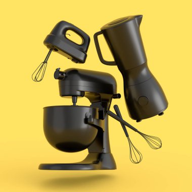 Mutfak gereçleri ile karıştırıcı ve el çırpıcı ve tek renk arka planda hamur ve kokteyl hazırlamak için çırpıcı. Aşçılık ve karıştırma için 3D pişirme işlemini adım adım ve aksesuarlar